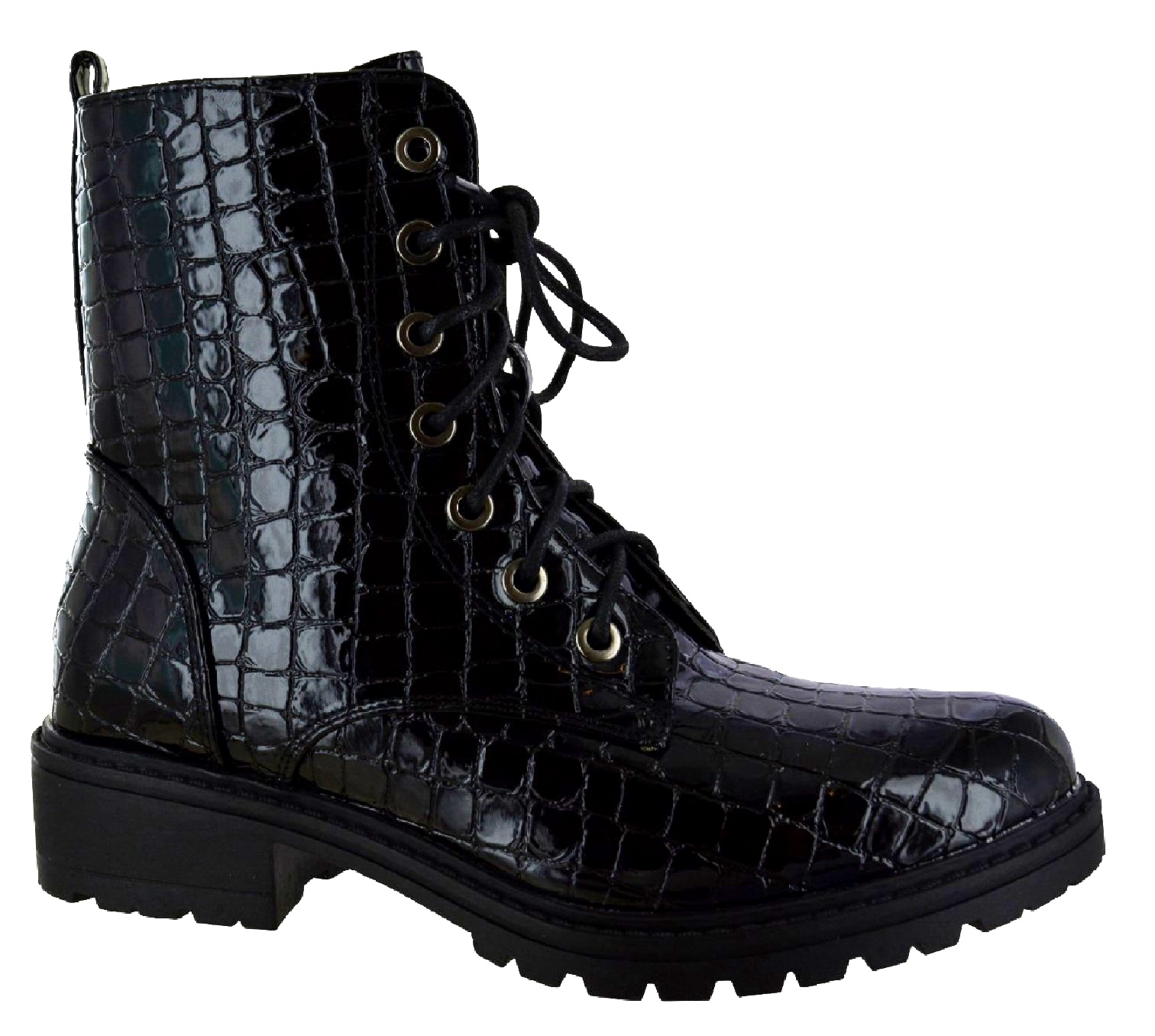 dark red patent faux croc chunky buckle boots
